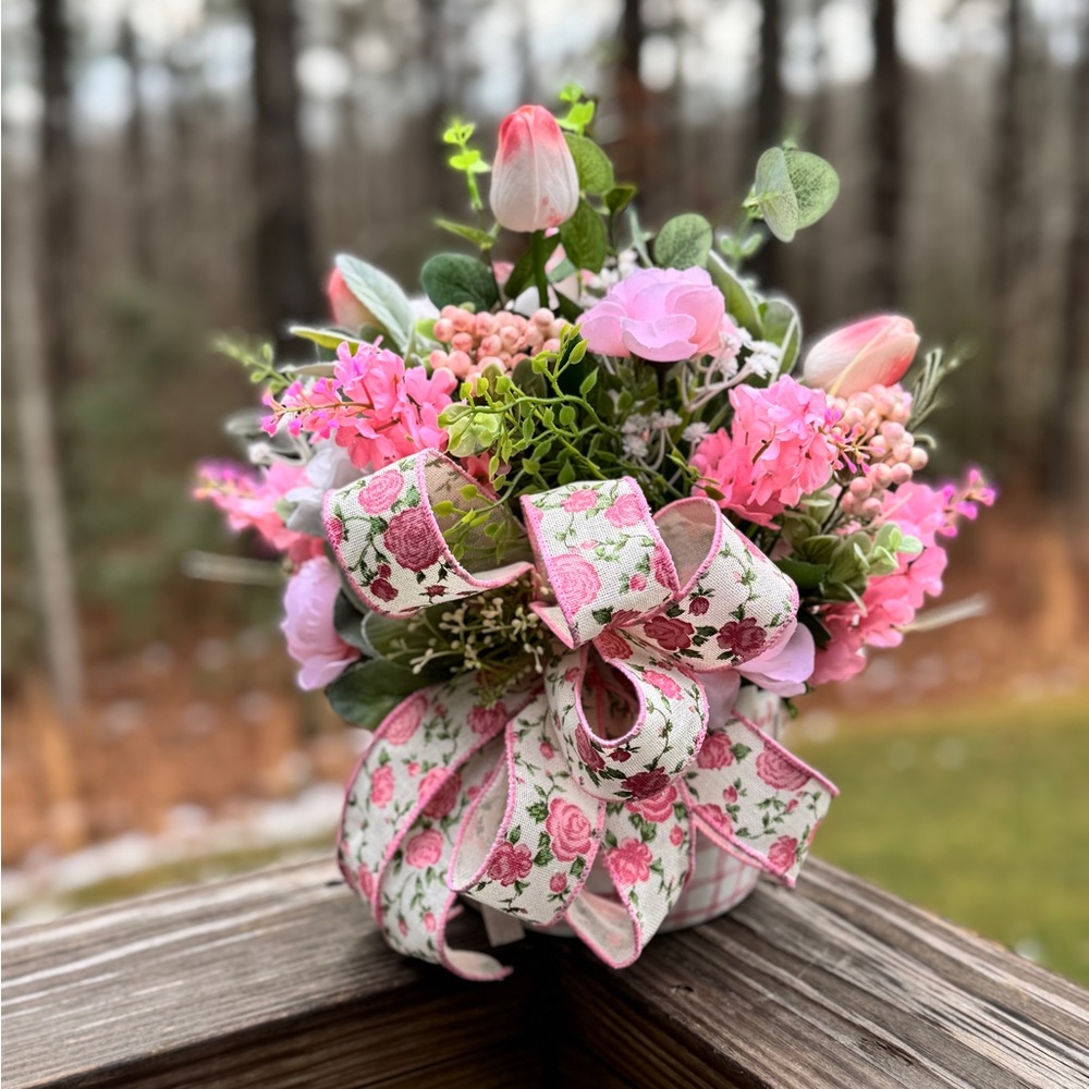 Floral Pink and Green Bouquet with Decorative Ribbon